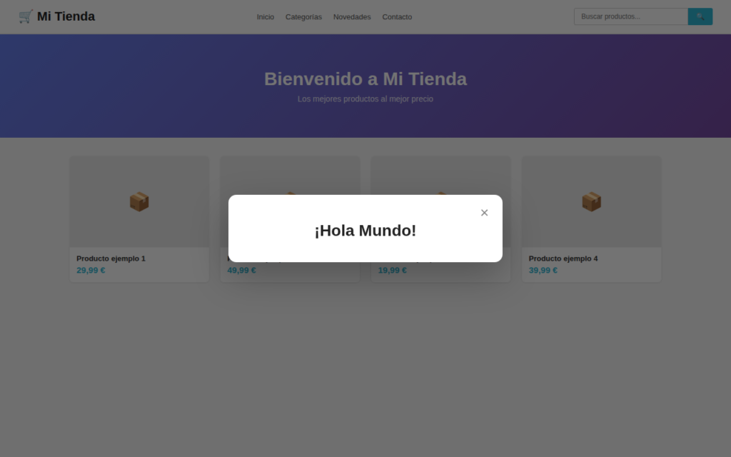 Popup Hola Mundo mostrado en la tienda PrestaShop