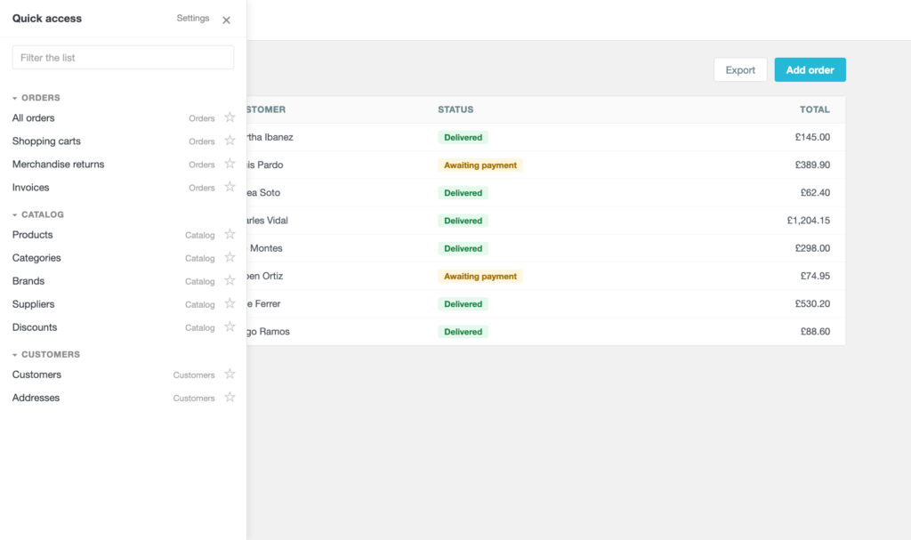 The side panel, with the back office sections grouped