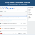 Every finding with its evidence: file, line, explanation and recommendation