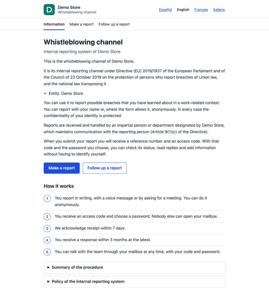 Channel information page on the shop domain, with the steps and the reporter’s guarantees