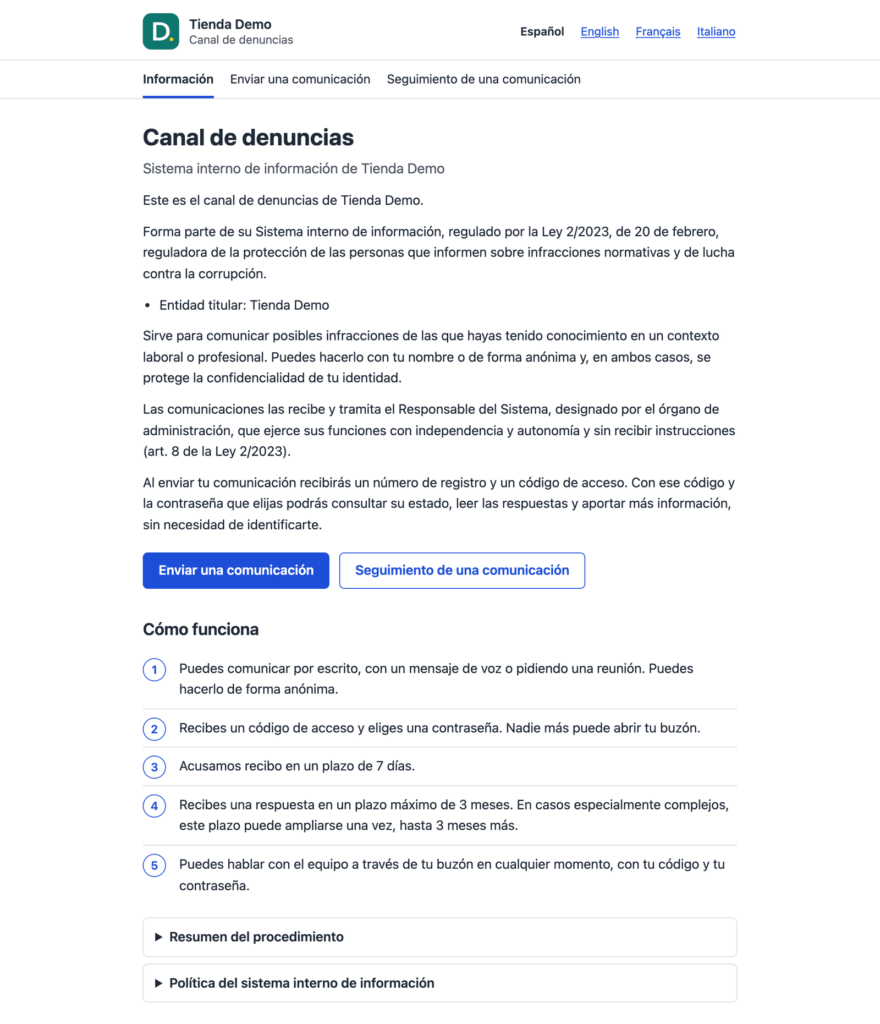Página informativa del canal en el dominio de la tienda, con los pasos y las garantías