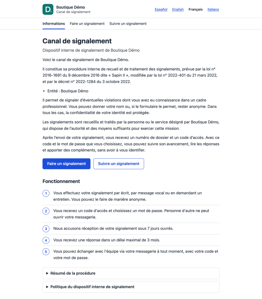 Page d'information du canal sur le domaine de la boutique, avec les étapes et les garanties