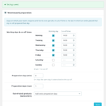 Warehouse settings: working days, a cut-off time for each weekday and preparation days