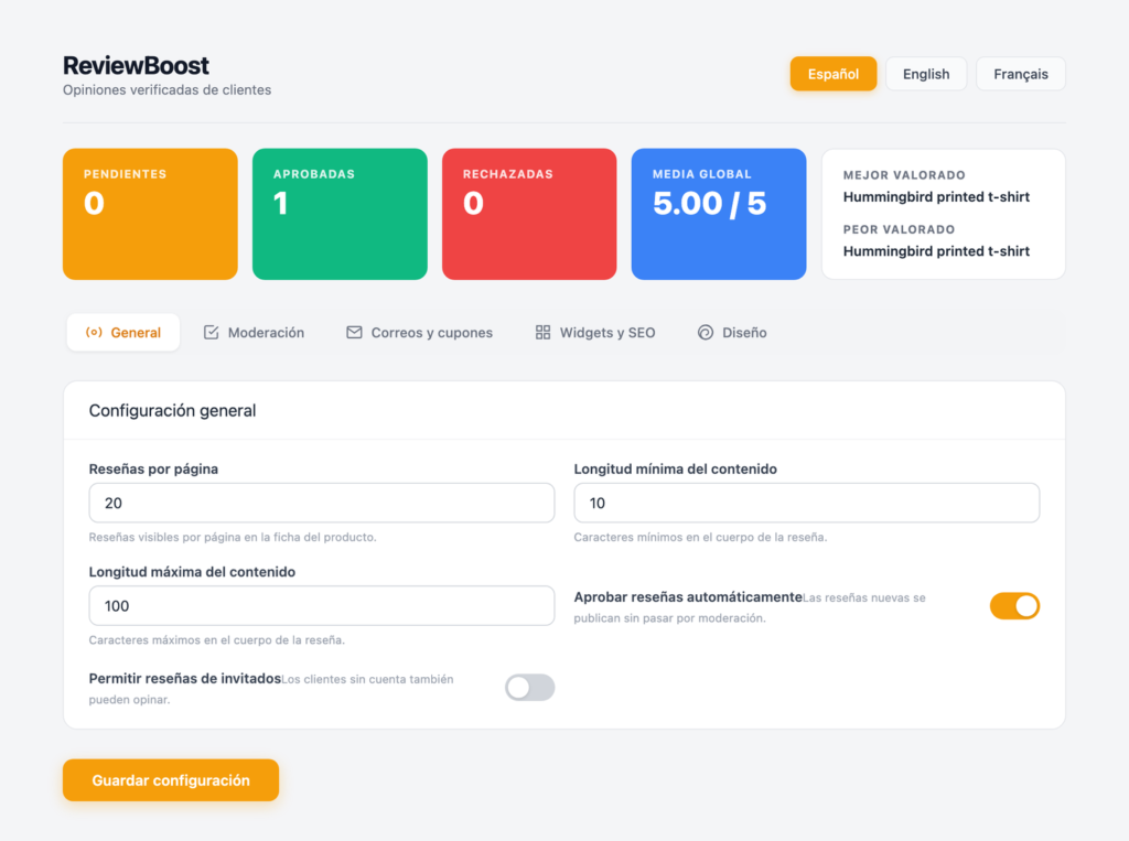Panel de configuración de ReviewBoost en PrestaShop