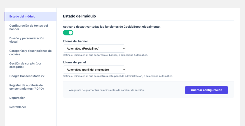 Panel de configuración de CookieBoost en PrestaShop