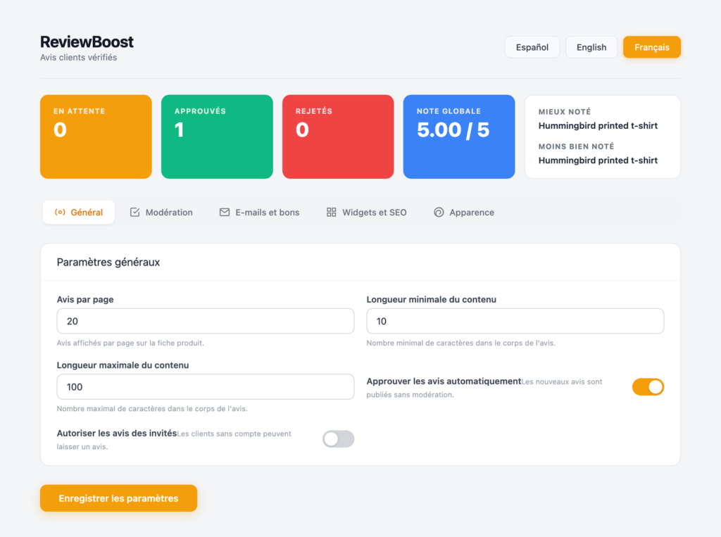 Panneau de configuration de ReviewBoost dans PrestaShop
