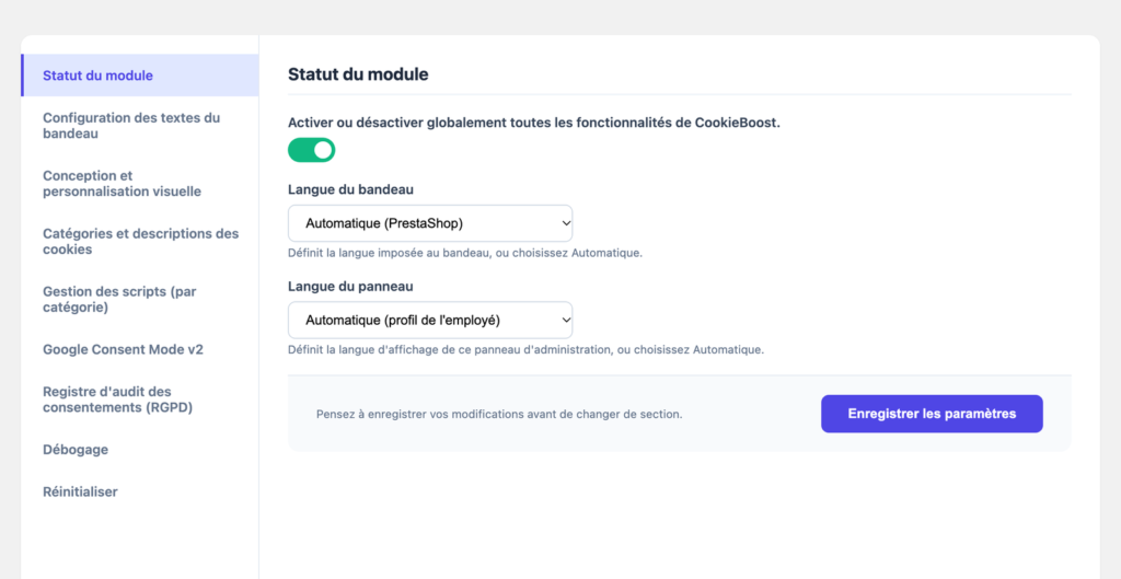 Panneau de configuration de CookieBoost dans PrestaShop